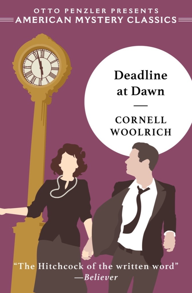 American Mystery Classic cover for Cornell Woolrich's Deadline at dawn. It has a purple background and stone clock. There is a woman and man in the foreground dressed in black who are running.