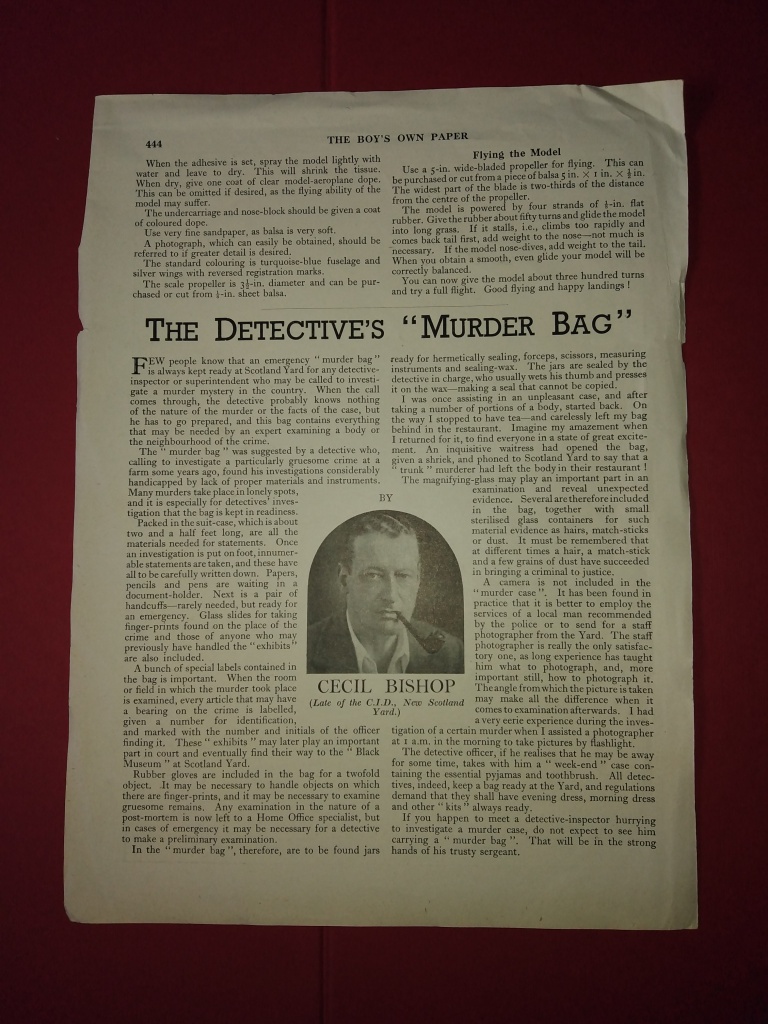 The article 'The Detective's "Murder Bag" is depicted on a page of a compendium which collects The Boy's Own Paper magazine issues. This piece of paper has a red background.